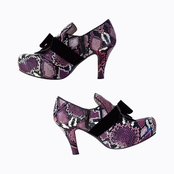 Lola Ramona Leather Snakeskin Pump Sz 10 Velvet Bow Purple Whimsigoth Y2K Pinup - Picture 3 of 10
